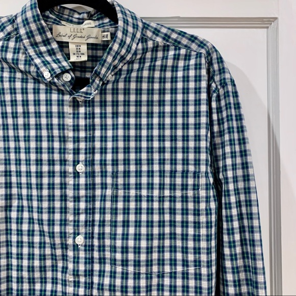 ✨ H&M Mens Navy and Green Plaid Button Down - M, Regular - Picture 2 of 9